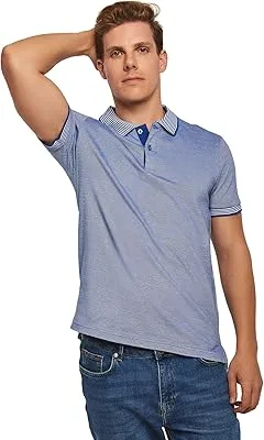 Dalydress Casual Short Sleeve Regular Fit Cotton Polo Shirt With Striped Collar for Men, Blue, XXL