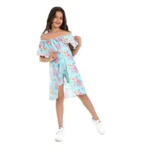 Bongo Floral Sky Blue, Pink & Green Off Shoulders Girls Dress