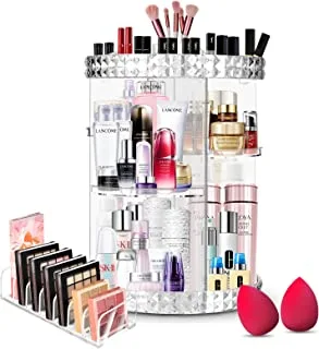 360 Rotating Makeup Organizer Set, Organizador De Maquillaje Perfumes, Clear Acrylic Cosmetic Display Cases, Spinning Cosmetic Storage Box for Vanity, with Makeup Palette Organizer& Makeup Sponge