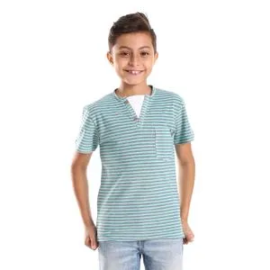 Bongo Horizontal Stripes Boys Tee With Decorated V-Neck Buttons -Mint Green & Navy Blue