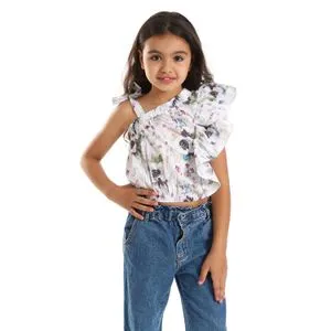 Bongo White, Olive & Purple Floral One Shoulder Girls Blouse