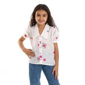 Bongo Elastic Sleeves Stitched Flowers White, Fuchia & Blue Girls Shirt