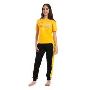 Bongo Girls Printed Pattern Short Sleeves Pajama Set - Yellow & Black