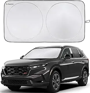 Magnelex car windshield sunshade with bonus steering wheel cover sun shade. reflective polyester blocks heat and sun. foldable sun shield that keeps your vehicle cool (large 63 x 33.8 in)