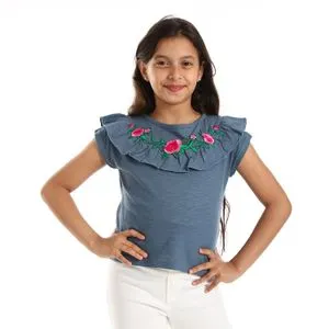 Bongo Stitched Fuchsia Chest Flower On Petroleum Girls Tee