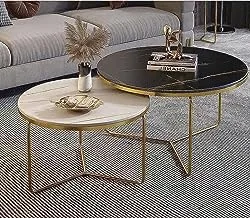 AR CORNER sama steel center table consisting of two pieces with dimensions : diameter 80cm * height 45cm and diameter 60cm made of stainless steel with gold PVD coating and marble