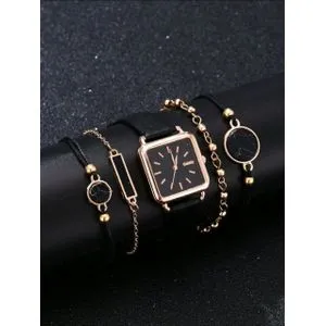 SHEIN 1pc Minimalist Square Pointer Quartz Watch & 4pcs Bracelet-2343