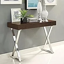 Sama steel console table with dimensions 40cm * 120cm * height 100cm made of silver stainless steel and above unit from brown counter wood covered with oak veneer