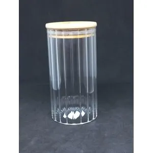 Round Ribbed Glass Storage Jar With Airtight Wood Lid