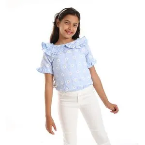 Bongo Floeal Patterned & Tiny Plaids Girls Blouse - Sky Blue & White