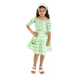 Bongo Green & White Checkered Girls Off Shoulders Dress