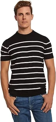 Dare Casual Short Sleeve Slim Fit Striped Cotton T-Shirt With Crew Neck for Men, Black, S