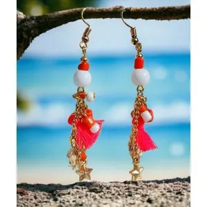 Turkish Gold Earrings With Beads And Tassels - Coral