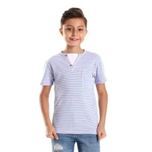 Bongo Horizontal Stripes Boys Tee With Decorated V-Neck Buttons - Baby Blue & Rose