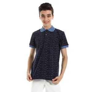 Bongo Chevron Pattern Short Sleeves Boys Polo Shirt - Navy Blue