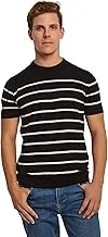 Dare Casual Short Sleeve Slim Fit Striped Cotton T-Shirt With Crew Neck for Men, Black, XXL