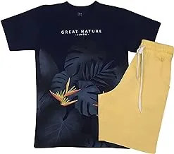 Papillon Cotton Set Of 2 Pieces Half Sleeves T-shirt&Short Printed Palms For Boys-Yellow-16Year