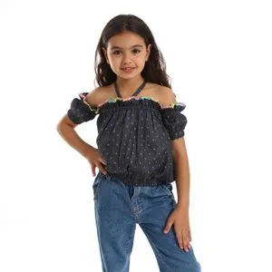 Bongo Girls Self Patterned Off Shoulders Blouse - Navy Blue & White