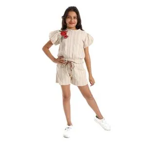 Bongo Girls Linen Striped Beige Shorts Set