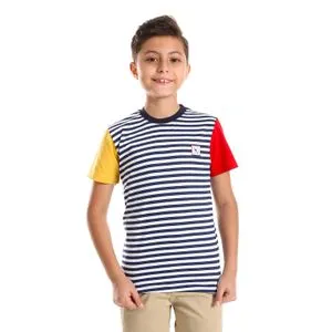 Bongo Horizontal Striped Short Sleeves Boys Tee - White & Navy Blue