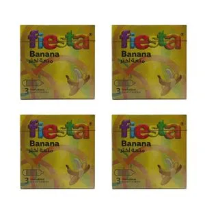 Fiesta Banana Condoms - Ribbed & Flavored - 4 Packs Of 3