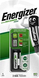 شاحن Energizer Mini Recharge ، بالإضافة إلى بطارية قابلة لإعادة الشحن ، حجم AAA ، عبوة من 2 Blister Card ، 700 mAh - شاحن + 2 حجر ريموت