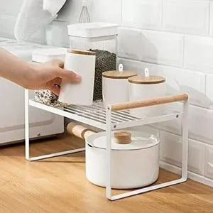 Kitchen And Bathroom Storage Rack Organizer With Wooden Handle For Multi-functional Organization.