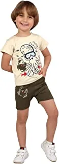 MuswannaA Access Cotton Pajama Set Of 2 Pieces Half Sleeves T-Shirt&Short Printed Octopus For Boys-Light Beige&Olive-6-9Month