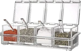 4 Pieces Set Clear Seasoning Box, Storage Container Condiment Jars, Spice Dispenser Jar, Airtight Acrylic Plastic Seasoning Box with Cover and Spoon for Sugar, Salt, Pepper, Spices