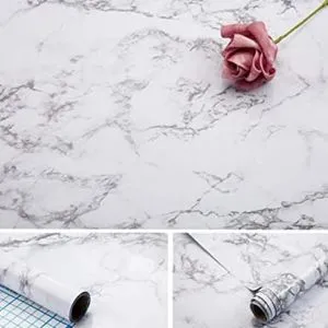 Kitchen, Office And Furniture Self Adhesive Marble Roll -.White With Dark Markings.