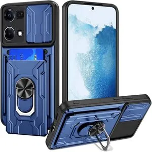 OPPO Reno 7 4G Full Protection Case With Card Bag, Metal Ring & Slide Camera Cover -Blue