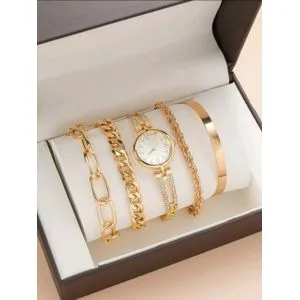 SHEIN 1pc Rhinestone Decor Quartz Watch & 4pcs Bracelet-5505