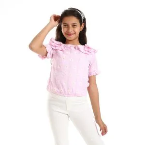 Bongo Floeal Patterned & Tiny Plaids Girls Blouse - Rose & White