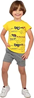 Access Cotton Pajama Set Of 2 Pieces Half Sleeves T-Shirt&Short Printed Crocodile For Boys-Grey&Yellow-6-9Month