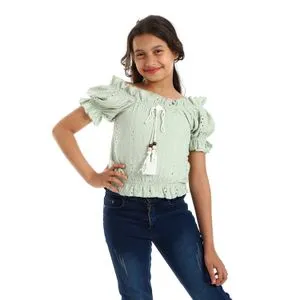 Bongo Perforated Off Shoulders Mint Green Girls Blouse