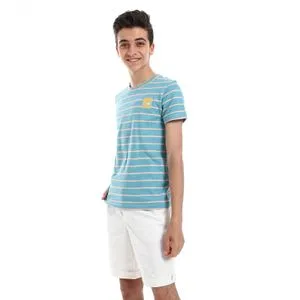 Bongo Horizontal Striped Short Sleeves Boys Tees - Steel Blue & Light Orange