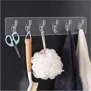 Holder With 6 Hooks - ( Self-adhesive ) - Clear