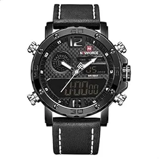 Naviforce 9134 B-W-B Leather Round Analog-Digital Watch for Men - Black