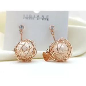 Platinum Plated Stainless Steel Rose Gold Pearl Heart Earrings