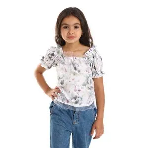 Bongo Floral Slip On Off Shoulders Girls Blouse - White, Purple & Grey