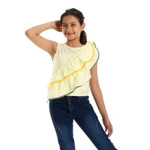 Bongo Girls Perforated Casual Yellow Blouse With Olive Hem