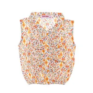 Bongo Girl Floral Sleeveless Blouse With Decorated Ruffles - Tiger Orange & White