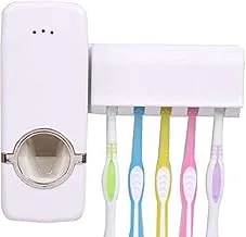 Bluemoon Shop Hands Free Wall Mounted Plastic Dust Proof Automatic Toothpaste Dispenser and Detachable Hole 5 Toothbrush Holder (White)