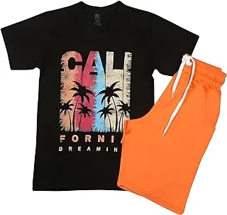 Papillon Cotton Set Of 2 Pieces Half Sleeves T-shirt&Short Printed Palms For Boys-Orange-18Year