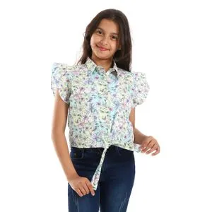 Bongo Floral Ruffles Details Girls Shirt - Lime Green, Pink & Purple