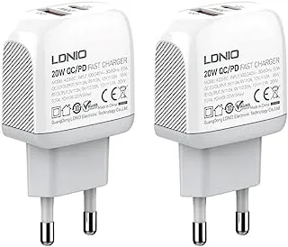 Ldnio Set Of 2 Pieces Of A2316C Eu Fast Charger Dual Usb Ports With Type-C-Lightning Cable Perfect For Home And Office - White