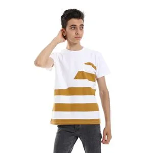 Bongo Horizontal Pique Striped Pattern White & Bronze Boys Tee