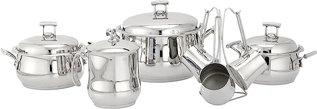 Aboud Silver Star Bombe 18/10 Stainless Steel Set of 3 Pots with 3 Lids (26,20,18) + 3 Coffee Pot + Milk Pot with Platinum Handles, Silver