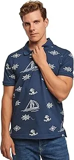 Premoda Casual Short Sleeve Regular Fit Printed Cotton Polo Shirt for Men, Mood Indigo, XL