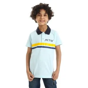 Activ Printed Striped Turn Down Collar Short Sleeves Kids Polo Shirt - Aqua, Yellow & Navy Blue